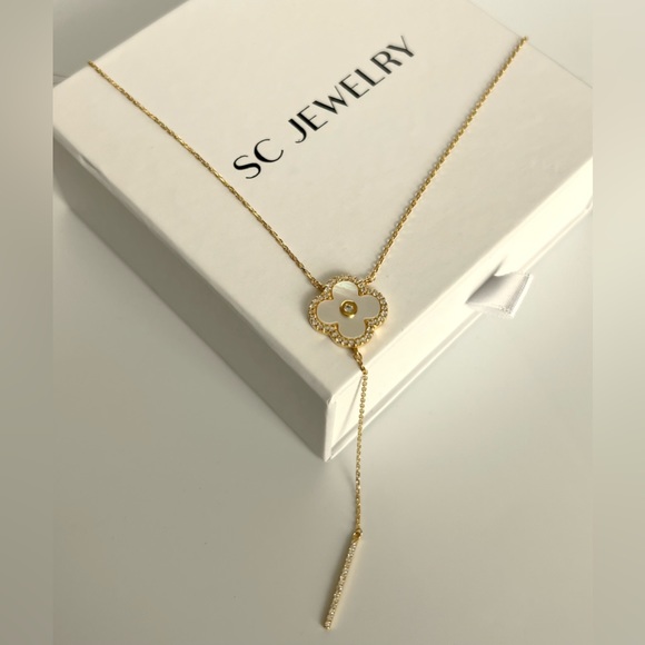 Rachel Zoe Clover Necklace Y Chain Zirconia Mother of Pearl 14k Gold Color - Picture 4 of 7